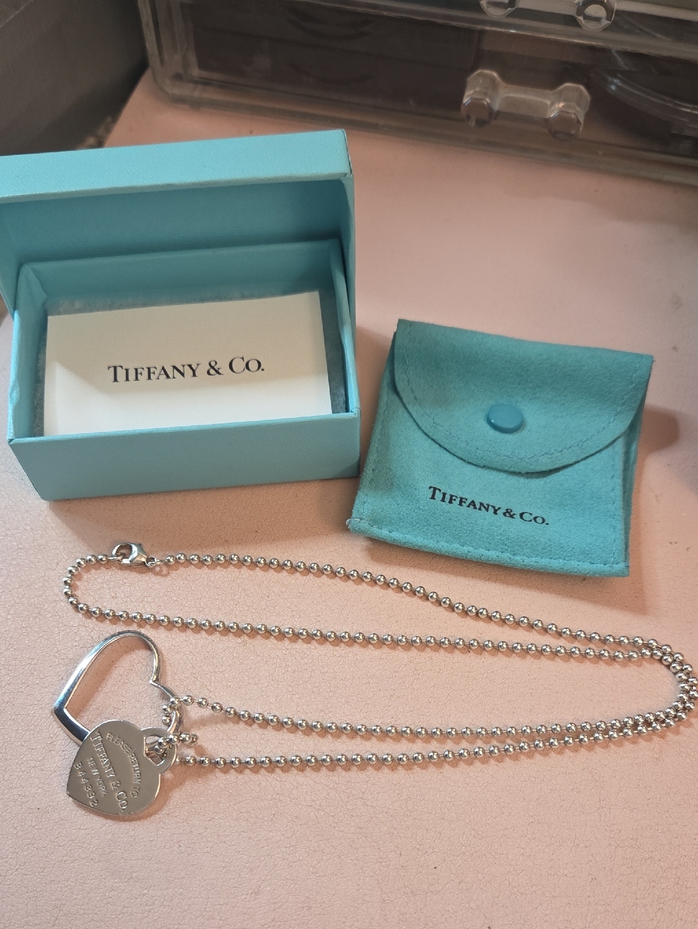 Tiffany & Co. Sterling Silver Heart Tag Necklace with Tiffany Blue Pouch